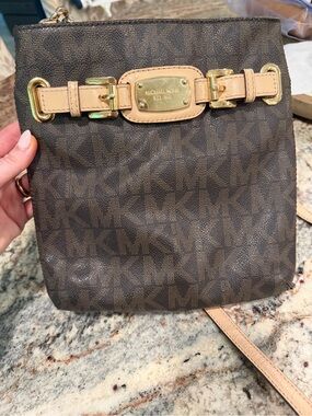 Michael Kors Brown Signature MK Crossbody with Tan Trim